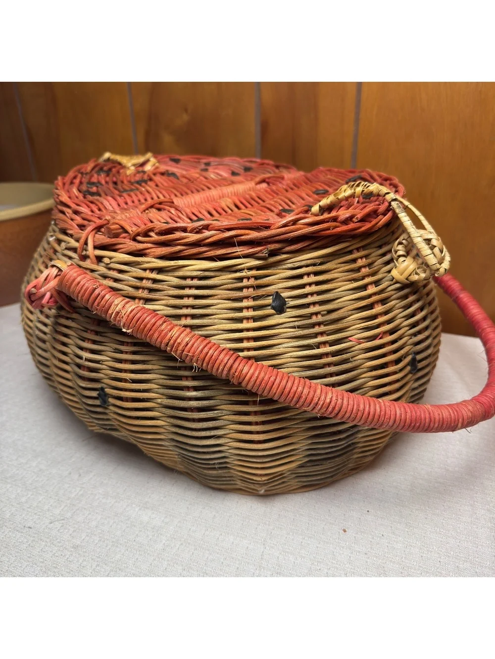 Vintage Watermelon Wicker Picnic Basket Split Lid Summer Kitchen Decor